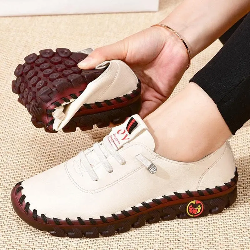 Women's Leather Soft Bottom Flat Shoes Slip On Handmade Beef Tendon Leisure Set of Feet Comfort Rubber Sole Mom Loafers