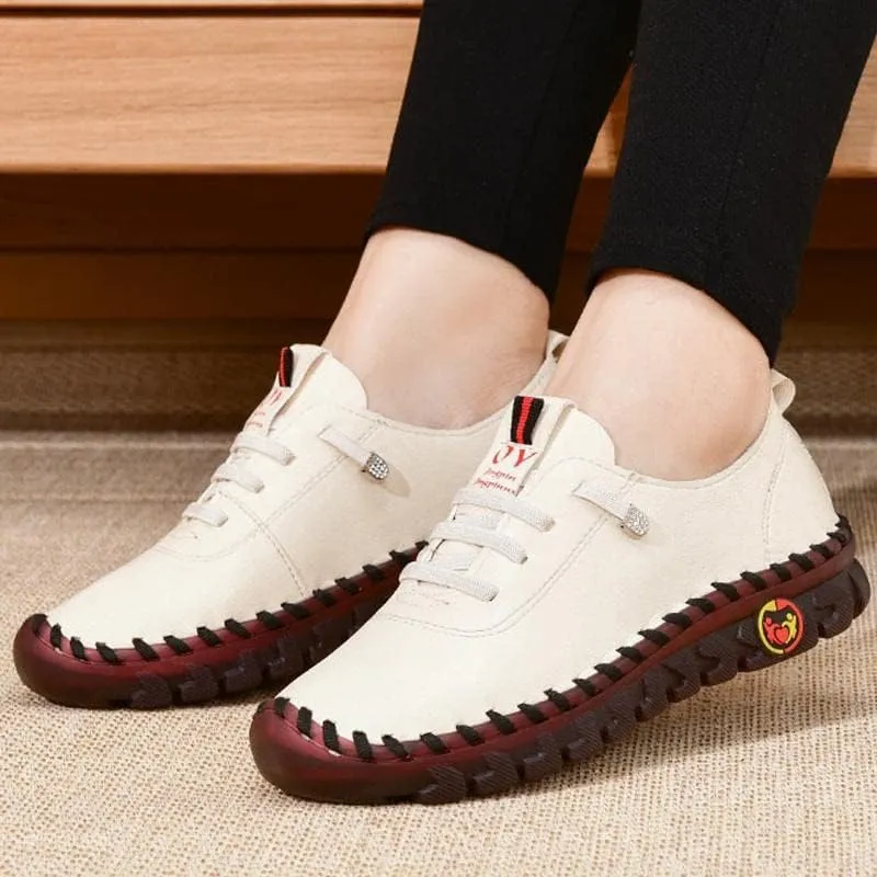 Women's Leather Soft Bottom Flat Shoes Slip On Handmade Beef Tendon Leisure Set of Feet Comfort Rubber Sole Mom Loafers