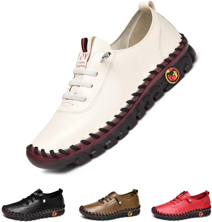 Women's Leather Soft Bottom Flat Shoes Slip On Handmade Beef Tendon Leisure Set of Feet Comfort Rubber Sole Mom Loafers