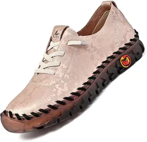 Women's Leather Soft Bottom Flat Slip-on Loafers Fashion Handmade Floral Embroidery Walking Shoes Comfort Orthopedic 4D Pain Relief Casual Shoes