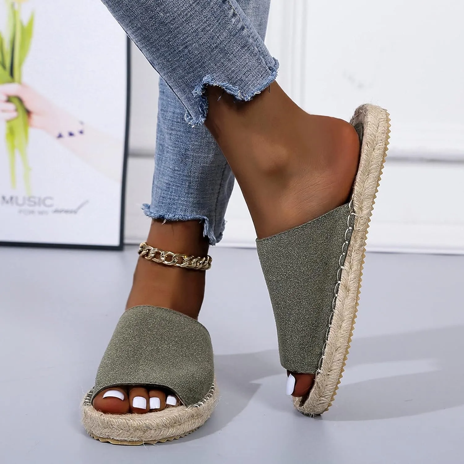 Womens Leopard Print Slides Comfort Flat ShWomens Leopard Print Slides Comfort Flat Shoes Summer Boheoes Summer Bohemia Comfort Open-Toed Fashionable Indoor Flat Sole Travel Slides (A-Green, 9)