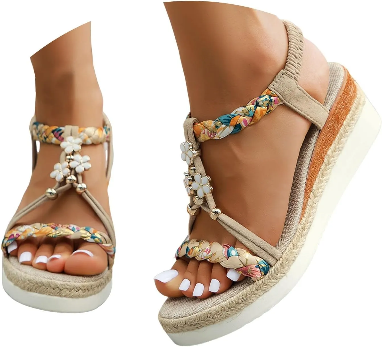 Womens Low Wedge Heels Sandals Shoes,Wide Width Platform Wedge Sandals for Women Summer Dressy,Comfort Walking Non Slip Casual Summer Beach Sandals Ankle Elastic Bohemian Woven Sandals