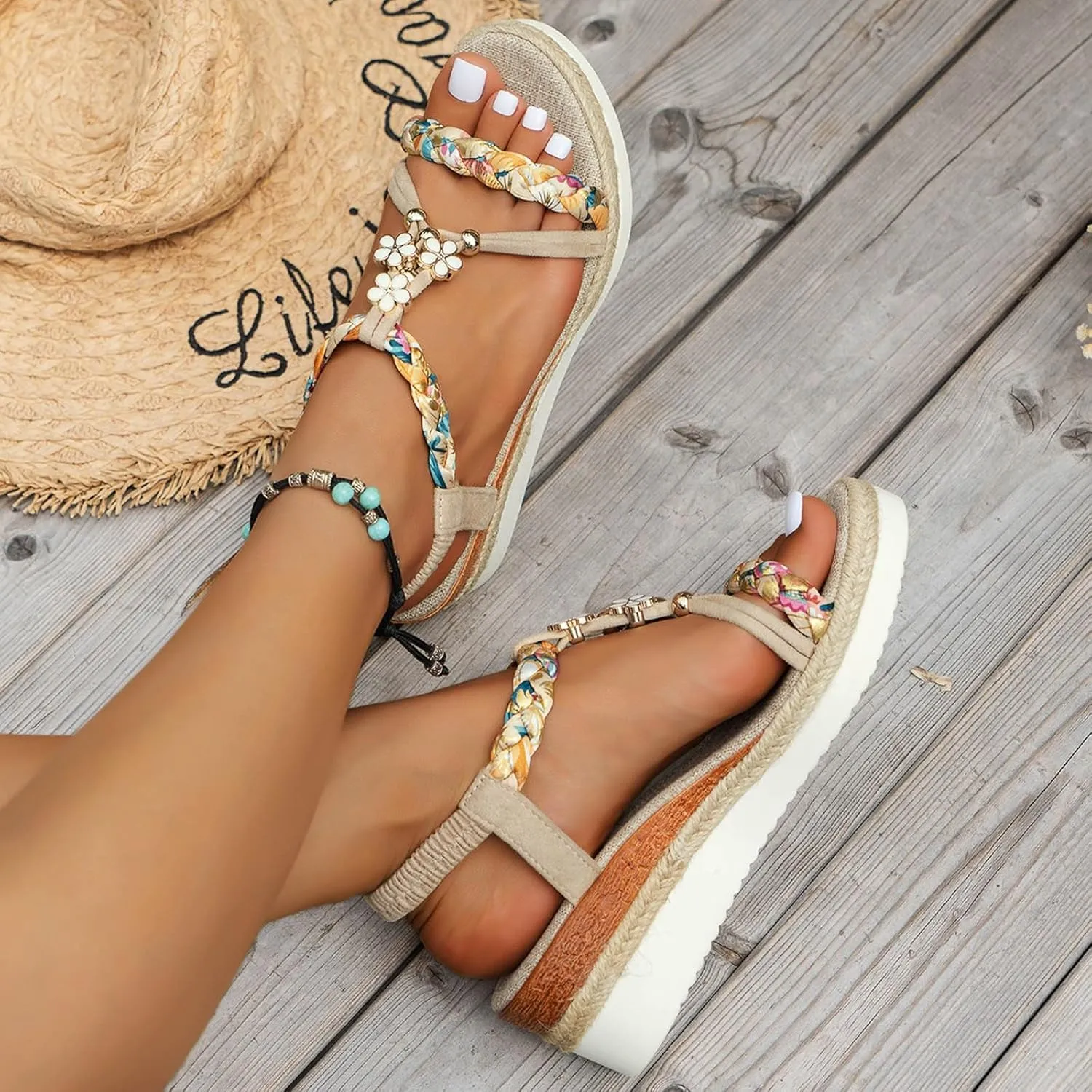 Womens Low Wedge Heels Sandals Shoes,Wide Width Platform Wedge Sandals for Women Summer Dressy,Comfort Walking Non Slip Casual Summer Beach Sandals Ankle Elastic Bohemian Woven Sandals
