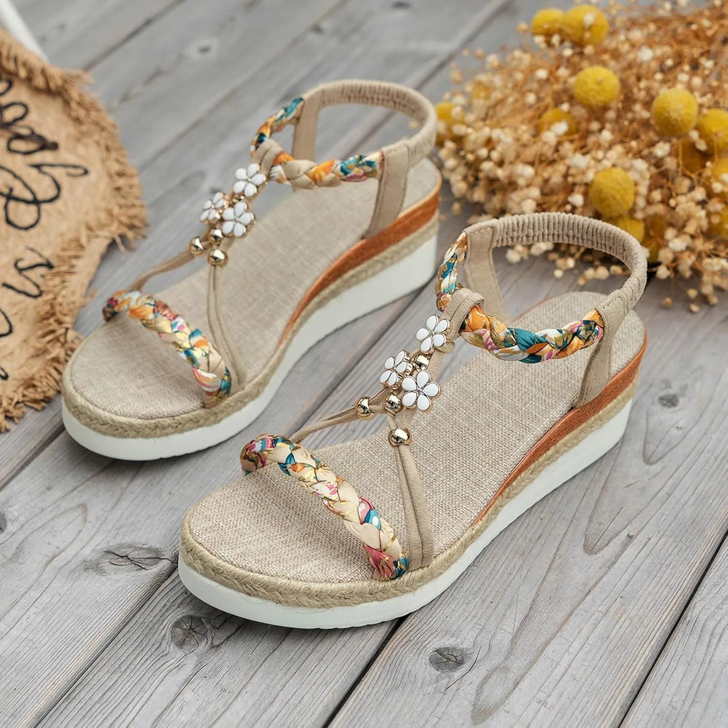 Womens Low Wedge Heels Sandals Shoes,Wide Width Platform Wedge Sandals for Women Summer Dressy,Comfort Walking Non Slip Casual Summer Beach Sandals Ankle Elastic Bohemian Woven Sandals