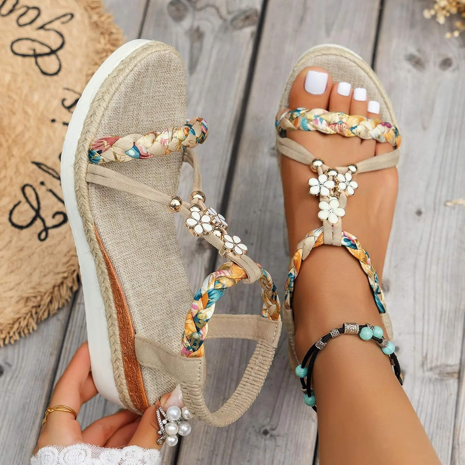 Womens Low Wedge Heels Sandals Shoes,Wide Width Platform Wedge Sandals for Women Summer Dressy,Comfort Walking Non Slip Casual Summer Beach Sandals Ankle Elastic Bohemian Woven Sandals