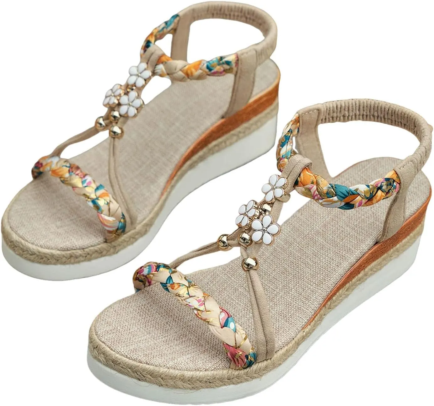 Womens Low Wedge Heels Sandals Shoes,Wide Width Platform Wedge Sandals for Women Summer Dressy,Comfort Walking Non Slip Casual Summer Beach Sandals Ankle Elastic Bohemian Woven Sandals