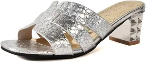 Women's Metallic Gold Slip-On Sandals, Crocodile Pattern, Block Heel with Studded Design