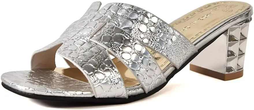 Women's Metallic Gold Slip-On Sandals, Crocodile Pattern, Block Heel with Studded Design
