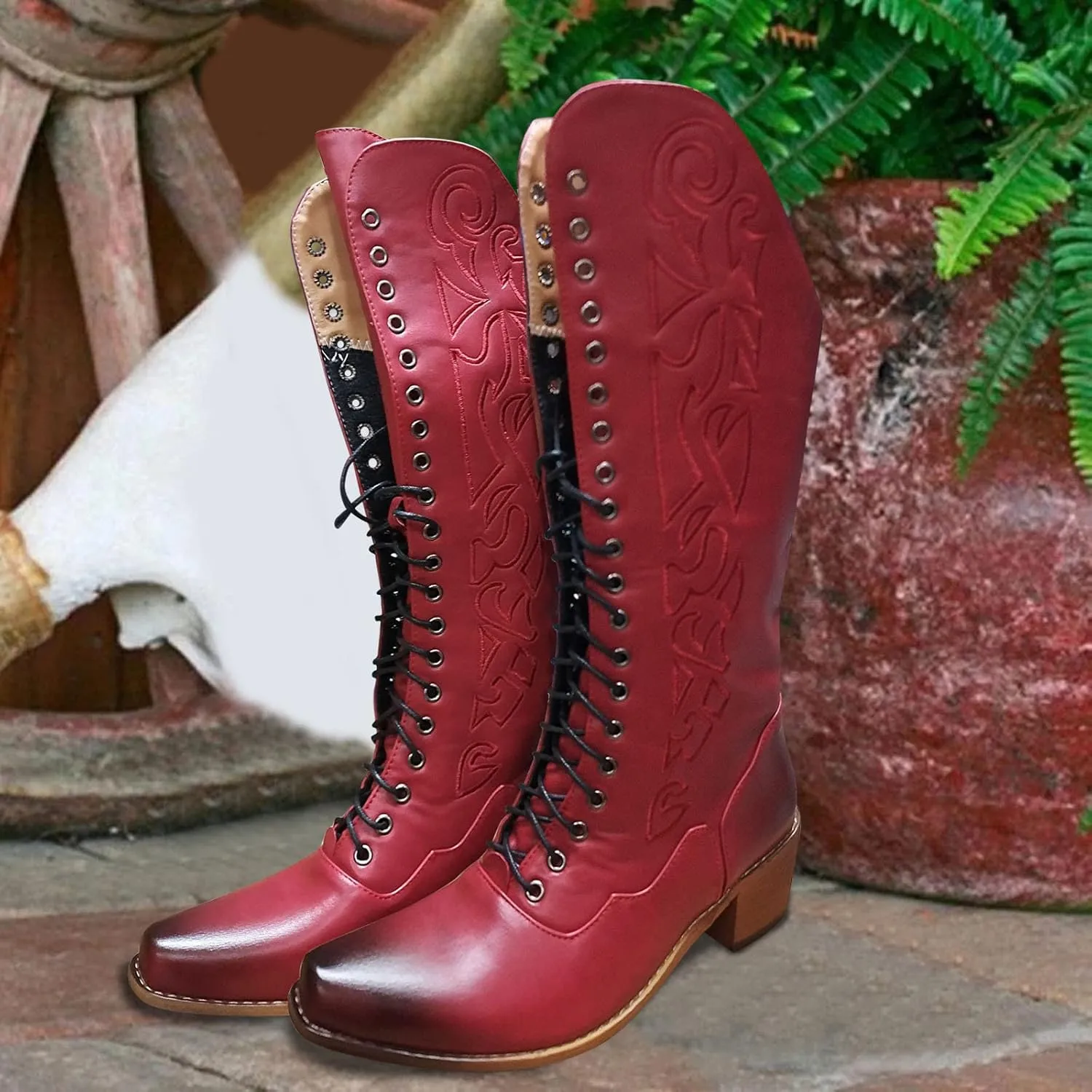 Women's Mid Calf Boots w Adjustable Laces Platform Casual Motorcycle Military Biker Goth Gothic Victorian Boots Knee High Boots Retro Embroidered Snip Toe Chunky Heel Fashion Shoes