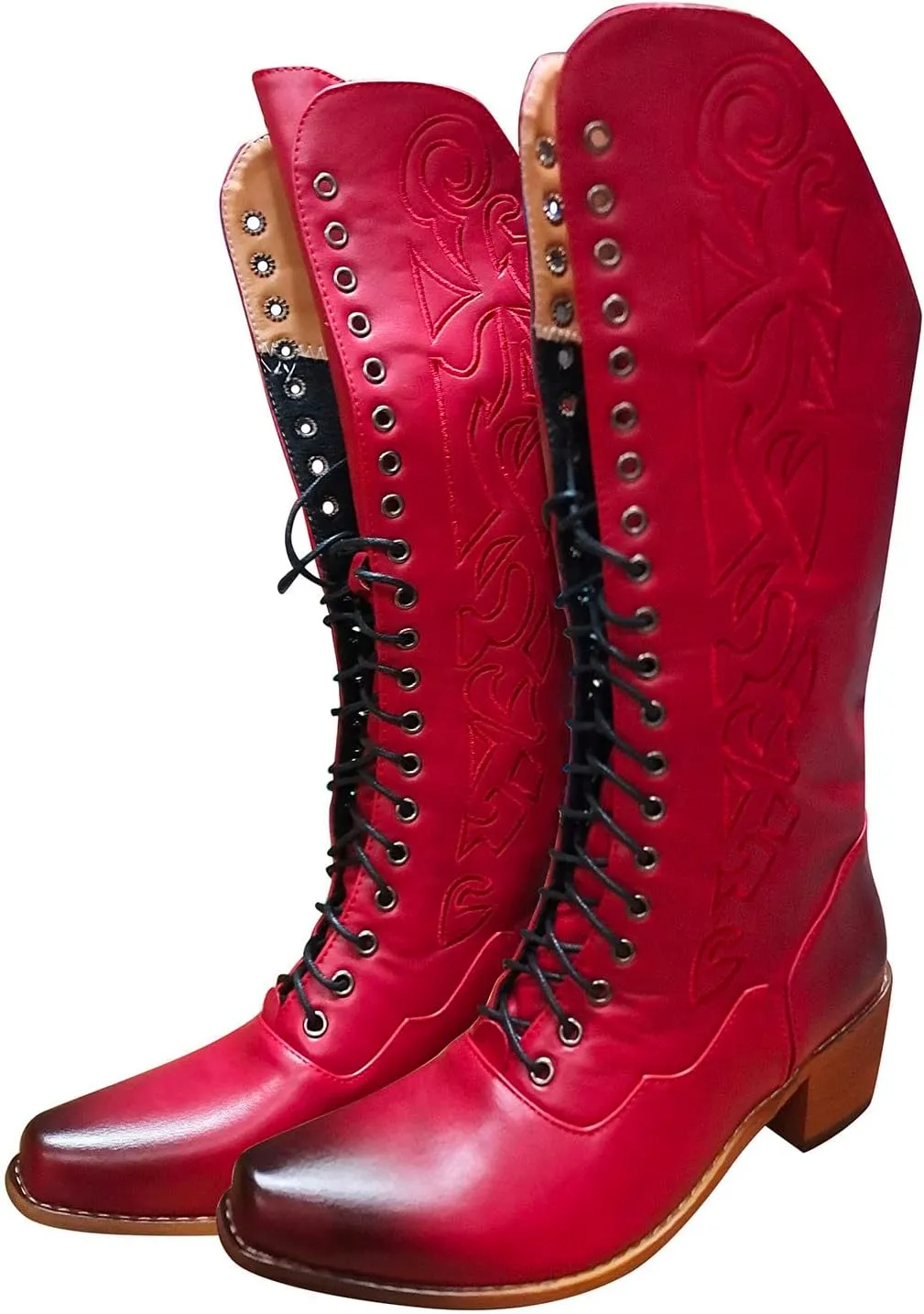 Women's Mid Calf Boots w Adjustable Laces Platform Casual Motorcycle Military Biker Goth Gothic Victorian Boots Knee High Boots Retro Embroidered Snip Toe Chunky Heel Fashion Shoes