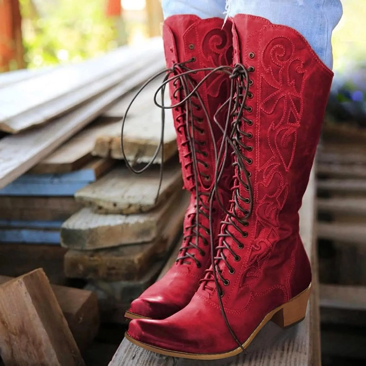 Women's Mid Calf Boots w Adjustable Laces Platform Casual Motorcycle Military Biker Goth Gothic Victorian Boots Knee High Boots Retro Embroidered Snip Toe Chunky Heel Fashion Shoes