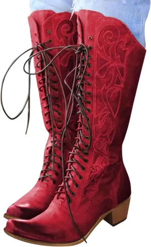 Women's Mid Calf Boots w Adjustable Laces Platform Casual Motorcycle Military Biker Goth Gothic Victorian Boots Knee High Boots Retro Embroidered Snip Toe Chunky Heel Fashion Shoes