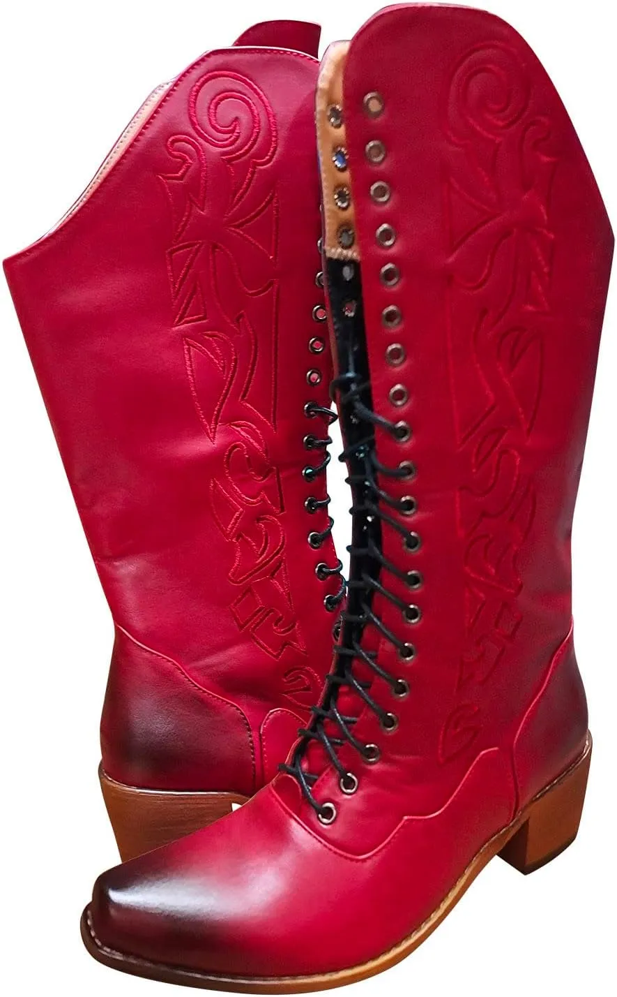 Women's Mid Calf Boots w Adjustable Laces Platform Casual Motorcycle Military Biker Goth Gothic Victorian Boots Knee High Boots Retro Embroidered Snip Toe Chunky Heel Fashion Shoes