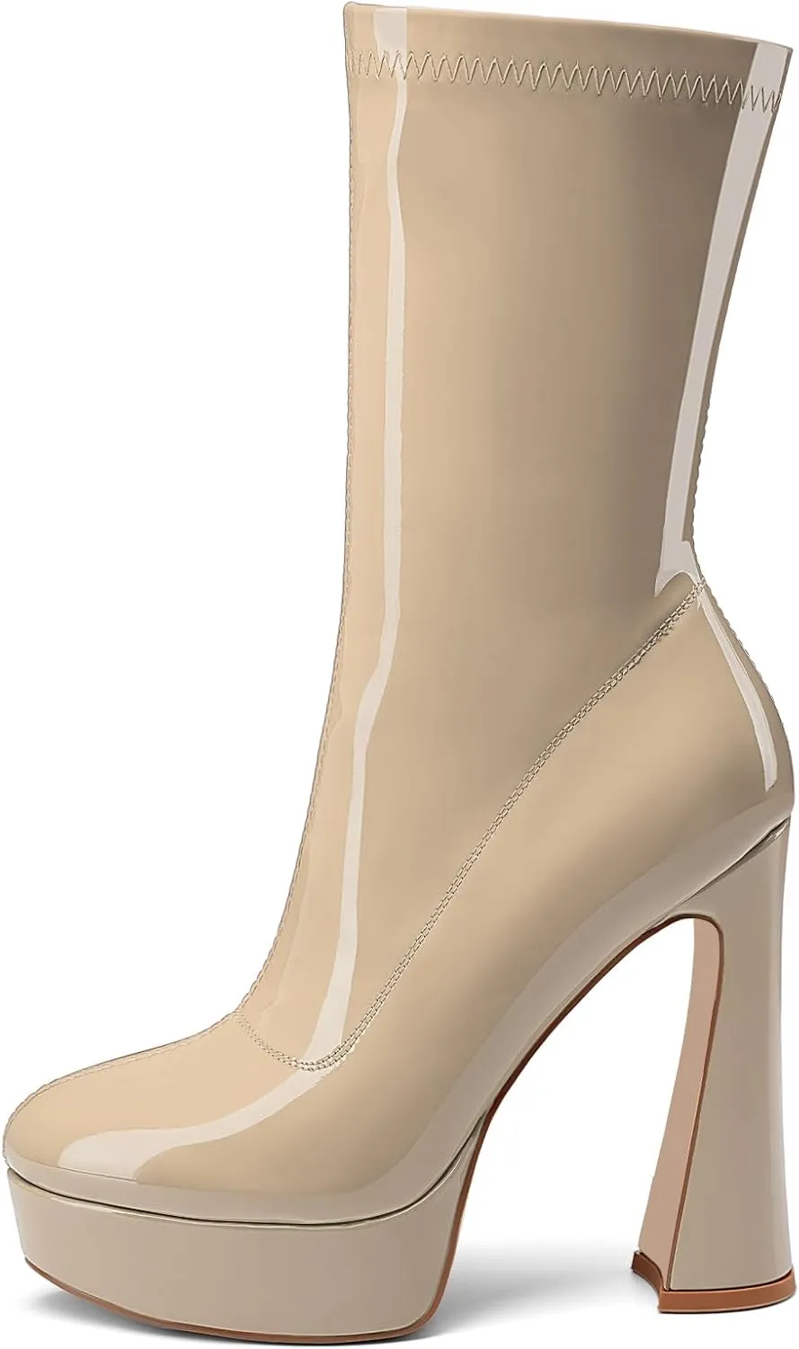 Women's Mid Calf Platform Boots Round Toe High Heel GoGo Boots Chunky Heel Comfortable Booties with Side Zipper for Ladies Sexy Cute