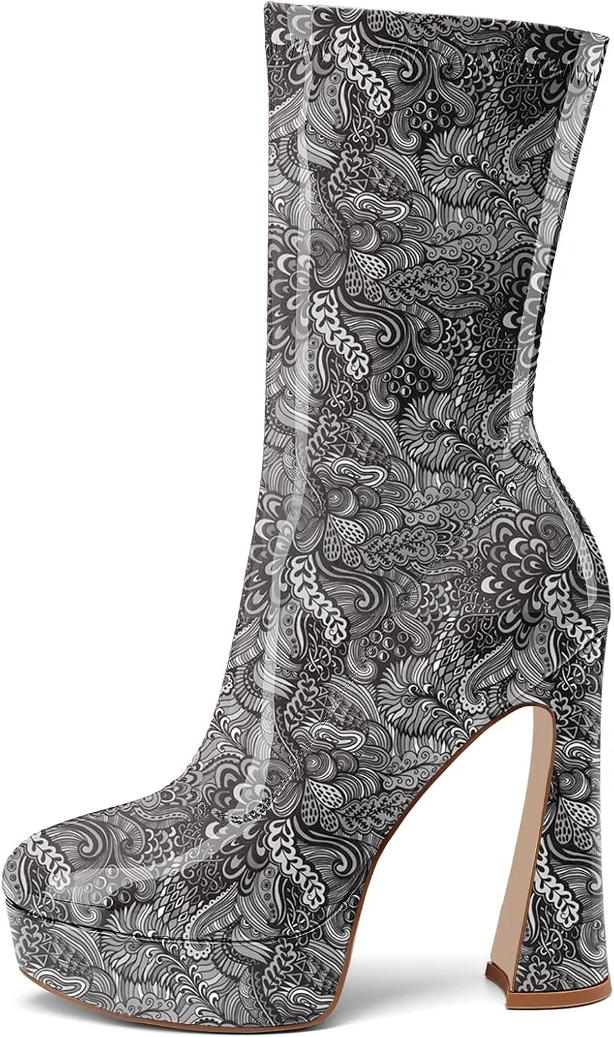 Women's Mid Calf Platform Boots Round Toe High Heel GoGo Boots Chunky Heel Comfortable Booties with Side Zipper for Ladies Sexy Cute
