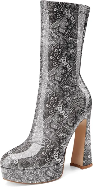 Women's Mid Calf Platform Boots Round Toe High Heel GoGo Boots Chunky Heel Comfortable Booties with Side Zipper for Ladies Sexy Cute