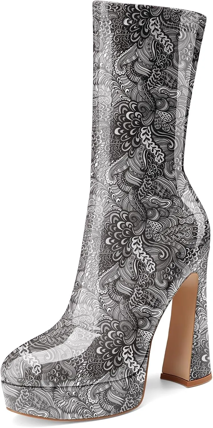 Women's Mid Calf Platform Boots Round Toe High Heel GoGo Boots Chunky Heel Comfortable Booties with Side Zipper for Ladies Sexy Cute