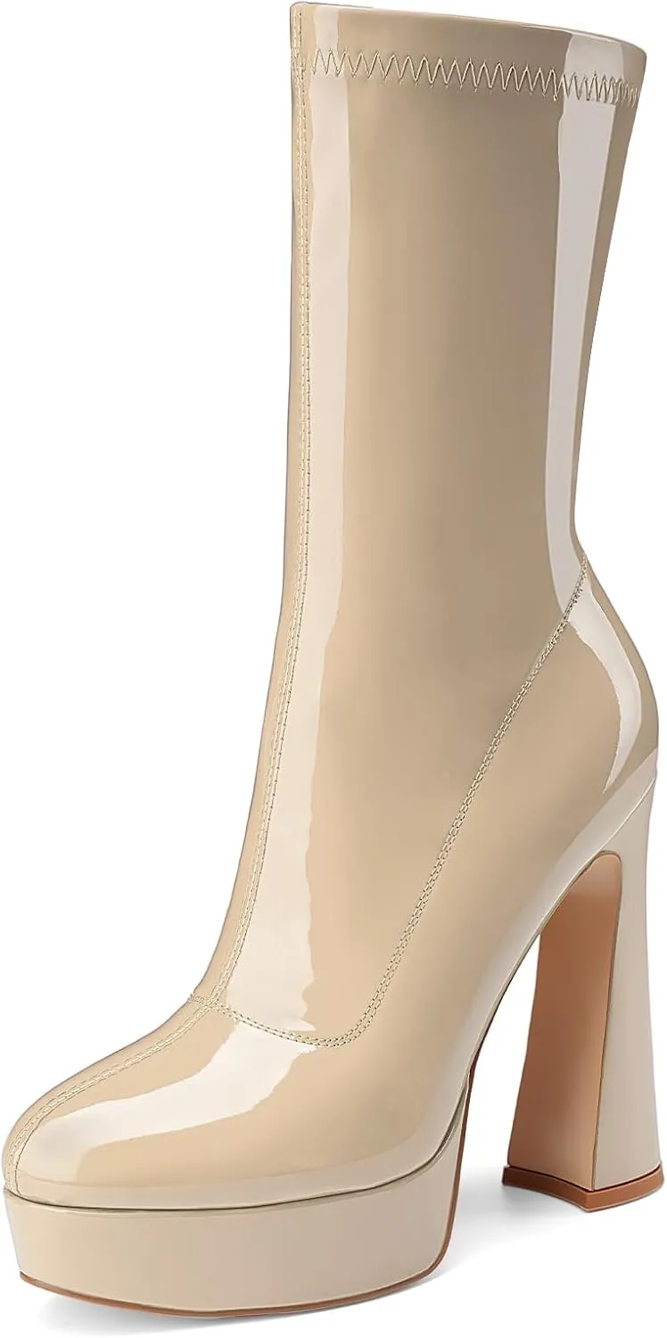 Women's Mid Calf Platform Boots Round Toe High Heel GoGo Boots Chunky Heel Comfortable Booties with Side Zipper for Ladies Sexy Cute