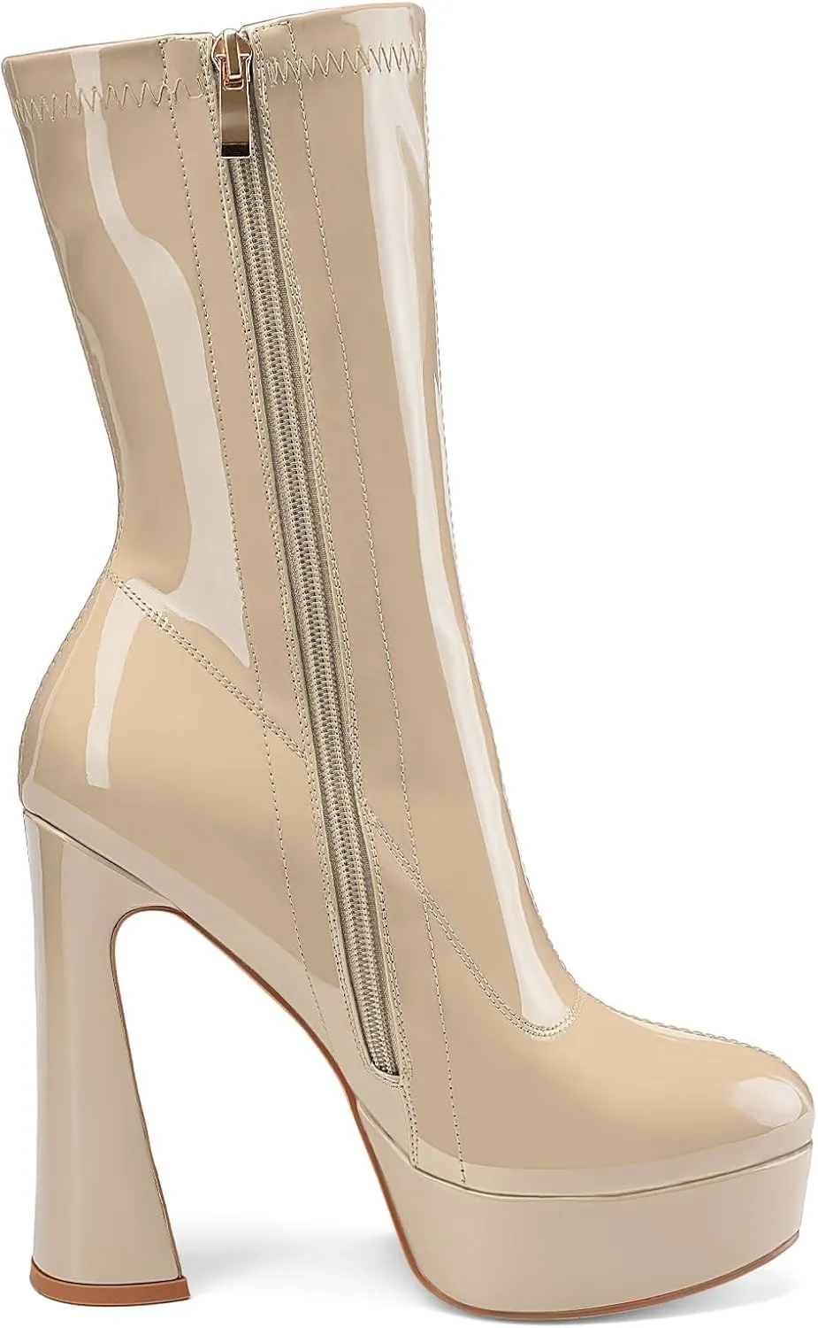 Women's Mid Calf Platform Boots Round Toe High Heel GoGo Boots Chunky Heel Comfortable Booties with Side Zipper for Ladies Sexy Cute