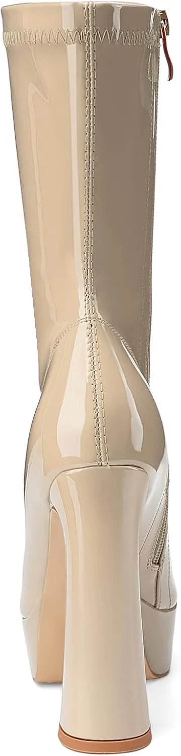 Women's Mid Calf Platform Boots Round Toe High Heel GoGo Boots Chunky Heel Comfortable Booties with Side Zipper for Ladies Sexy Cute