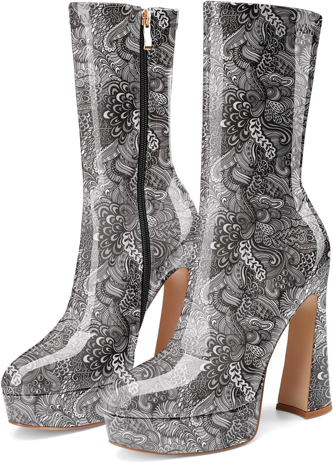 Women's Mid Calf Platform Boots Round Toe High Heel GoGo Boots Chunky Heel Comfortable Booties with Side Zipper for Ladies Sexy Cute