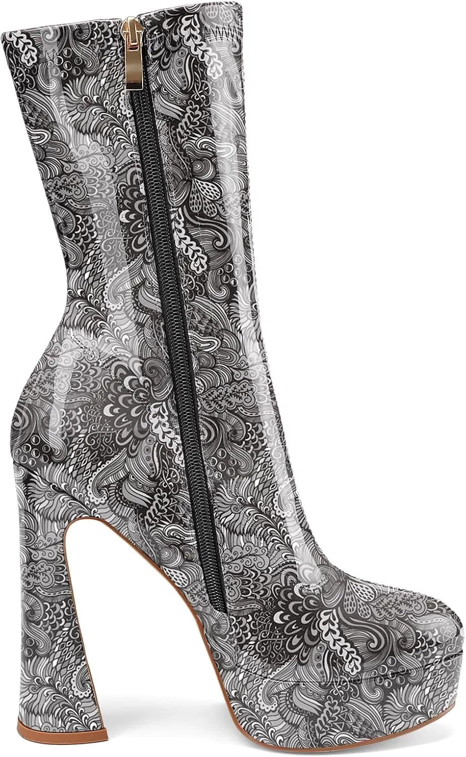 Women's Mid Calf Platform Boots Round Toe High Heel GoGo Boots Chunky Heel Comfortable Booties with Side Zipper for Ladies Sexy Cute