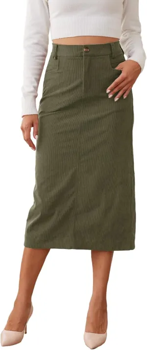 Women’s Midi Corduroy Skirt Pencil Elastic High Waisted Back Slit Winter Long Skirts for Women with Pocket