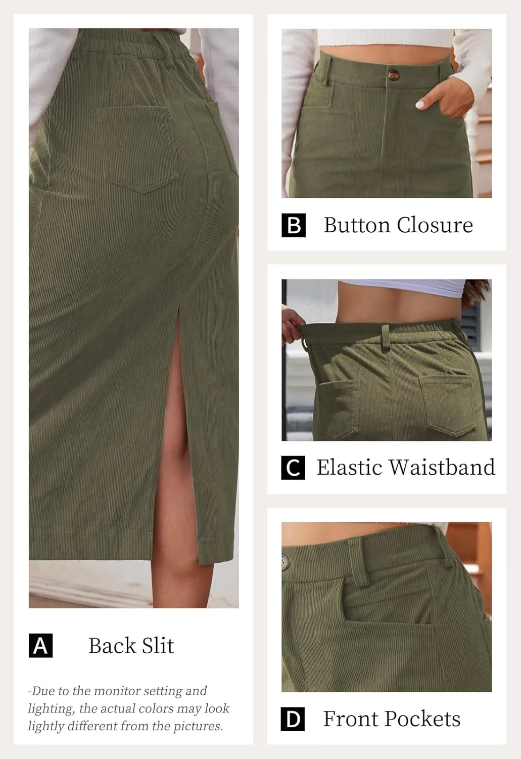 Women’s Midi Corduroy Skirt Pencil Elastic High Waisted Back Slit Winter Long Skirts for Women with Pocket