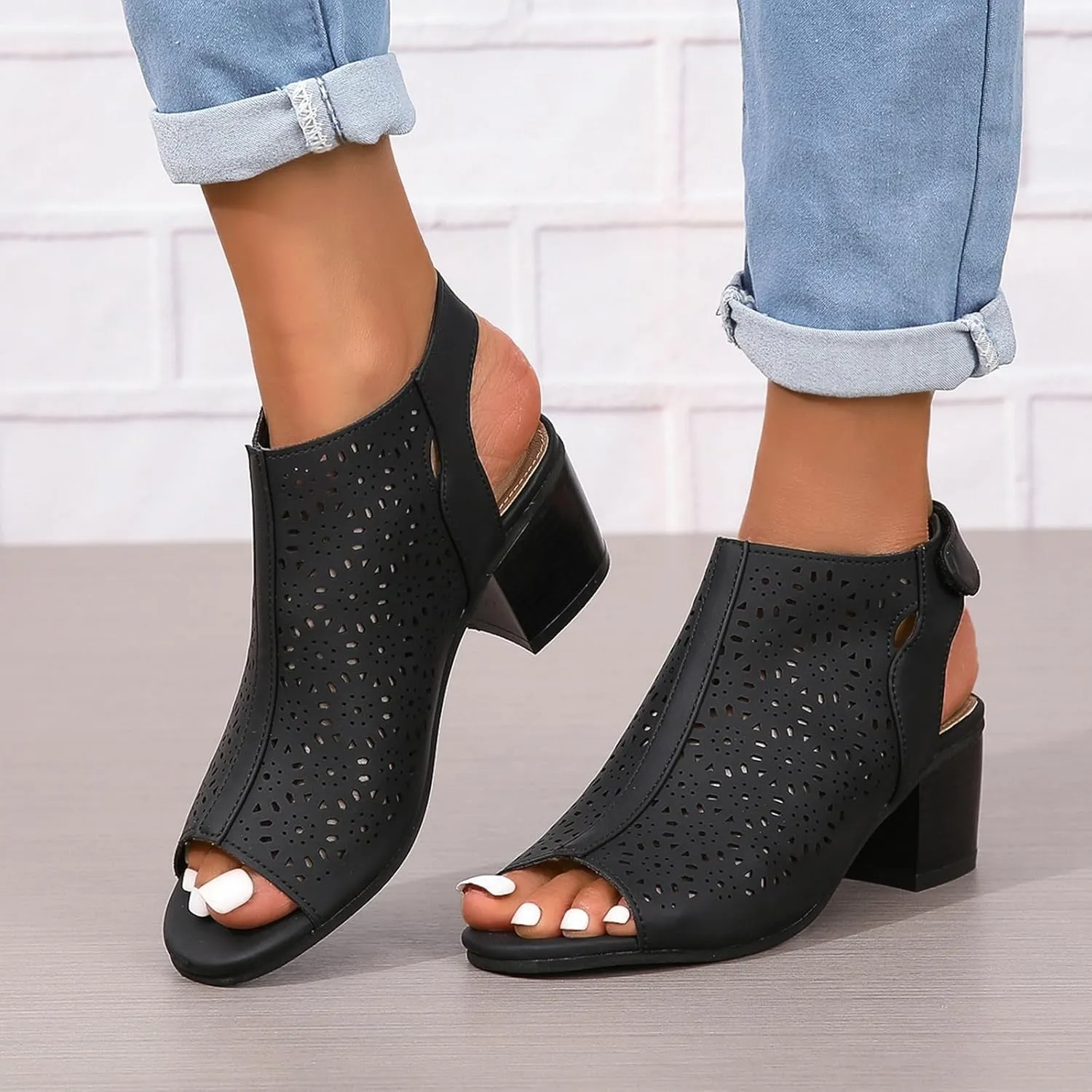 Women's Peep Toe Cutout Sandals Slingback Ankle Strap Low Stacked Heel Ankle Bootie Summer Dress Sandals