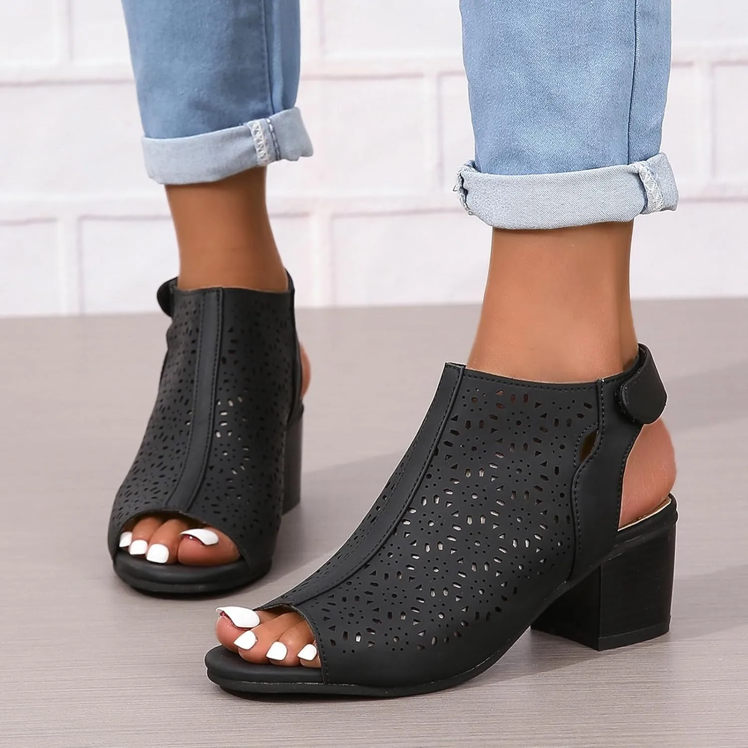 Women's Peep Toe Cutout Sandals Slingback Ankle Strap Low Stacked Heel Ankle Bootie Summer Dress Sandals