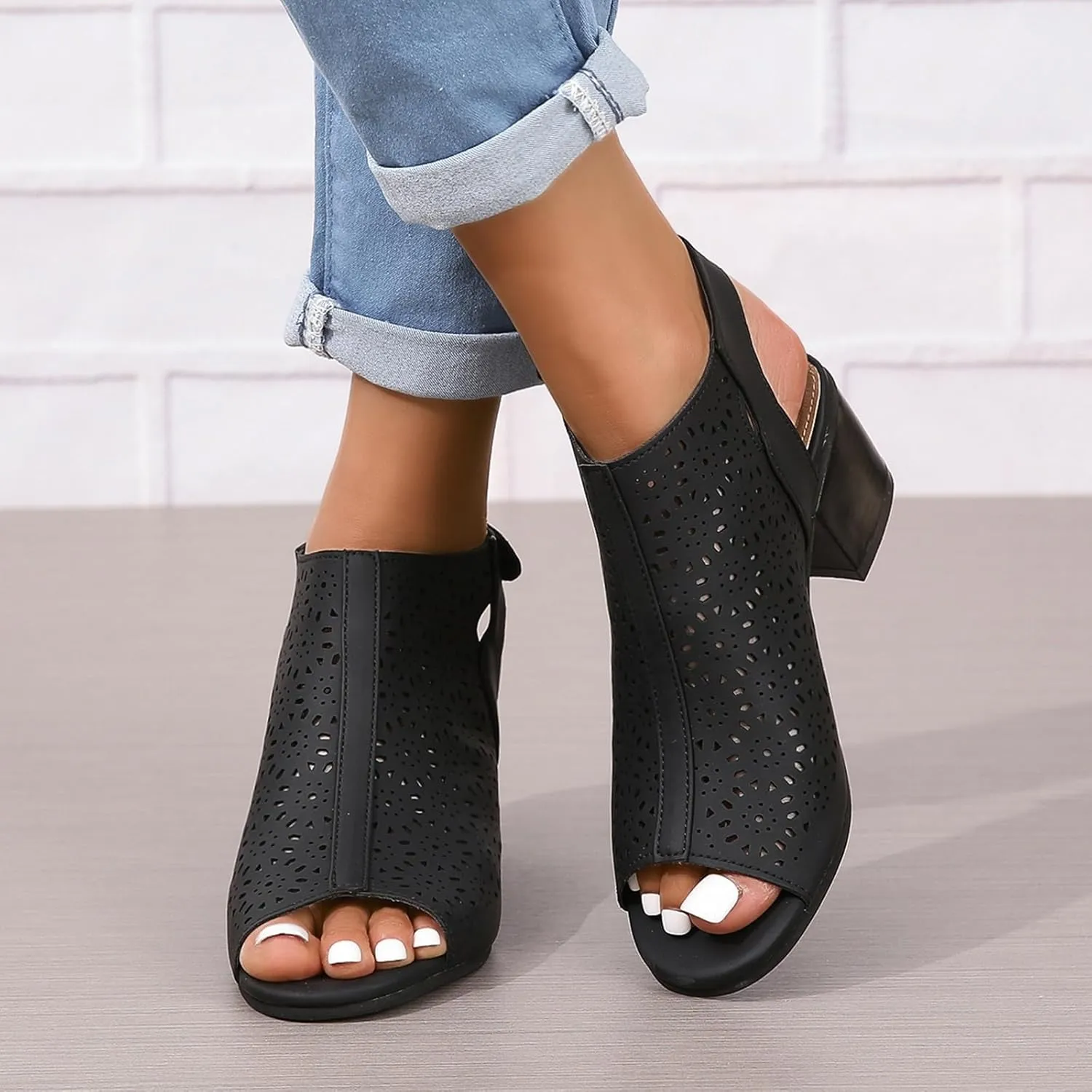 Women's Peep Toe Cutout Sandals Slingback Ankle Strap Low Stacked Heel Ankle Bootie Summer Dress Sandals