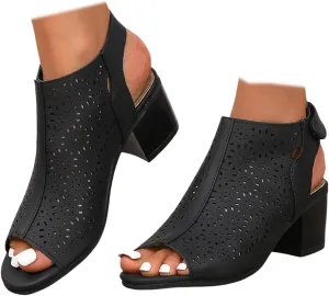 Women's Peep Toe Cutout Sandals Slingback Ankle Strap Low Stacked Heel Ankle Bootie Summer Dress Sandals