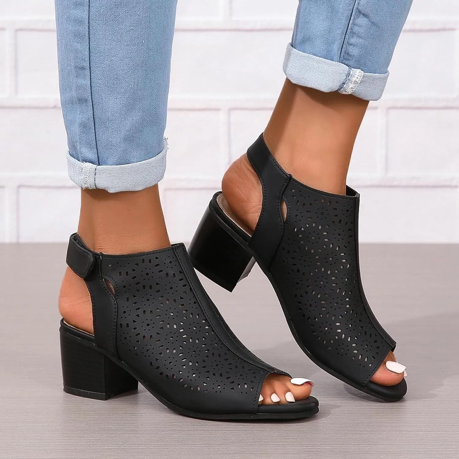 Women's Peep Toe Cutout Sandals Slingback Ankle Strap Low Stacked Heel Ankle Bootie Summer Dress Sandals