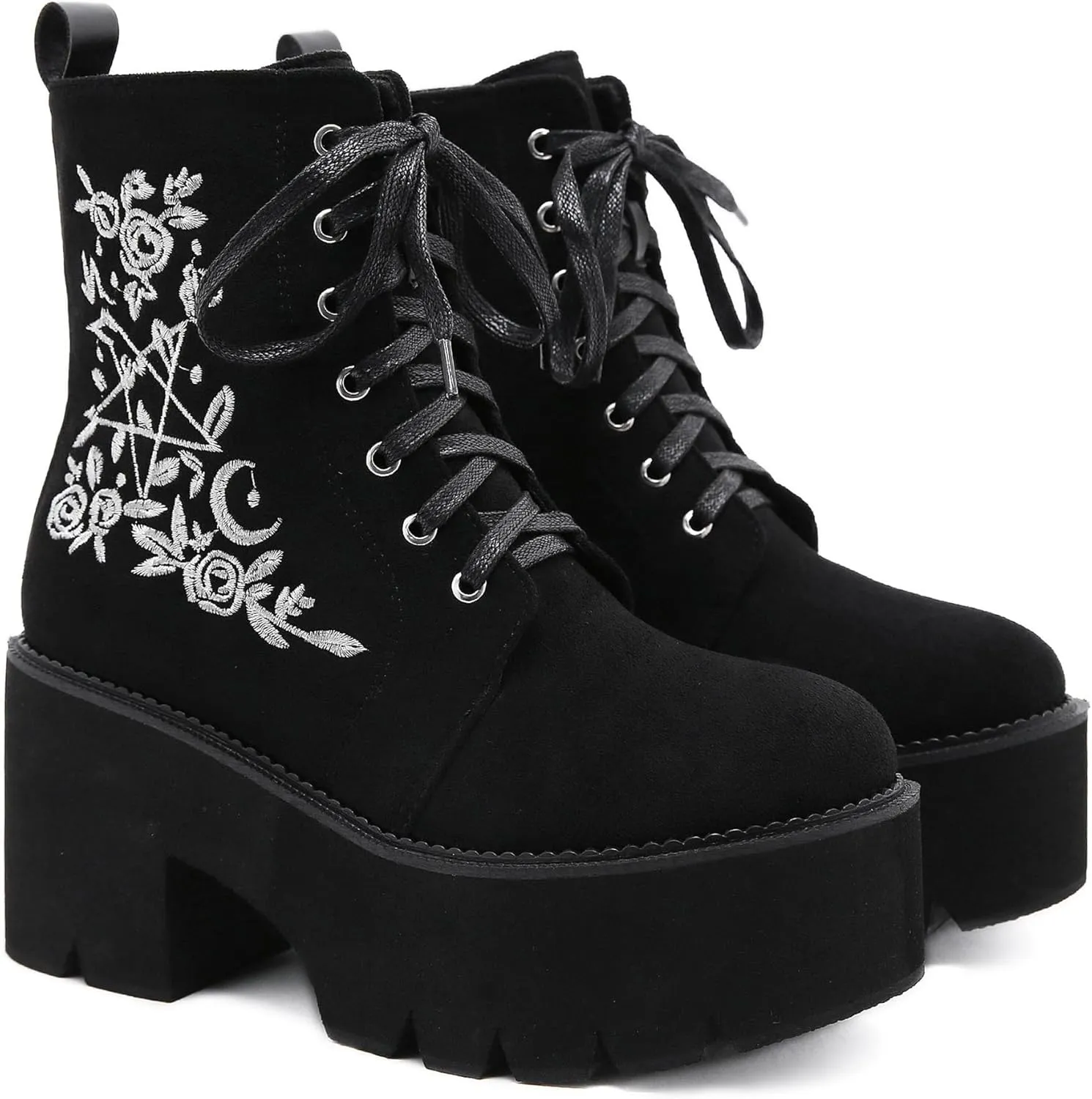 Womens Platform Boots Round Toe Chunky Ankle Boots Punk Boots Lace Up&Zipper Combat Boots