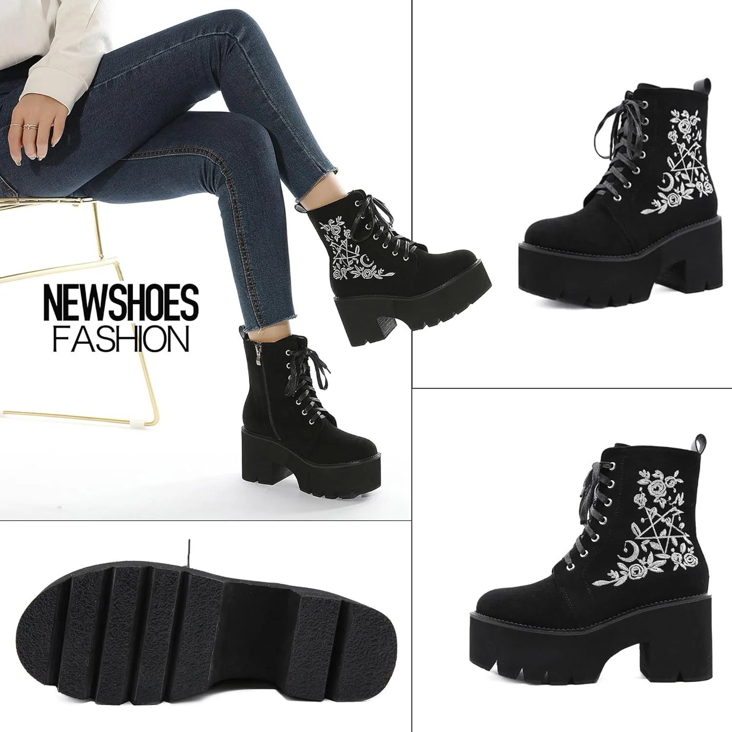 Womens Platform Boots Round Toe Chunky Ankle Boots Punk Boots Lace Up&Zipper Combat Boots