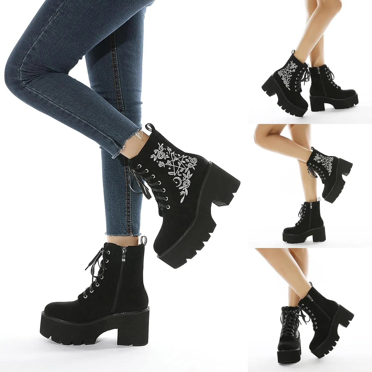 Womens Platform Boots Round Toe Chunky Ankle Boots Punk Boots Lace Up&Zipper Combat Boots