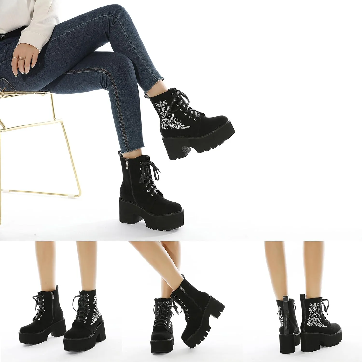Womens Platform Boots Round Toe Chunky Ankle Boots Punk Boots Lace Up&Zipper Combat Boots