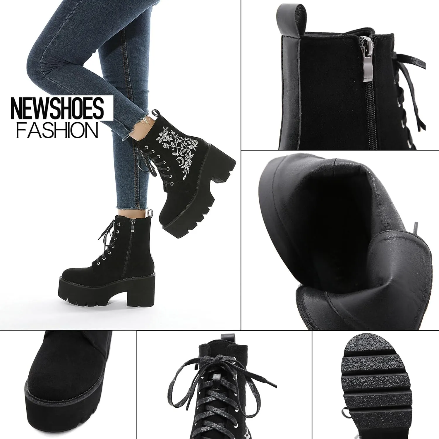 Womens Platform Boots Round Toe Chunky Ankle Boots Punk Boots Lace Up&Zipper Combat Boots