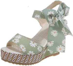 Womens Platform Espadrille Wedges Open Toe High Heel Floral Printed Slingback with Ankle Strap Bowknot Sandals Bow Dress Shoes Tie Lace Up Summer Sandal Wedding Dressy Beach Going Out Trendy Sandal