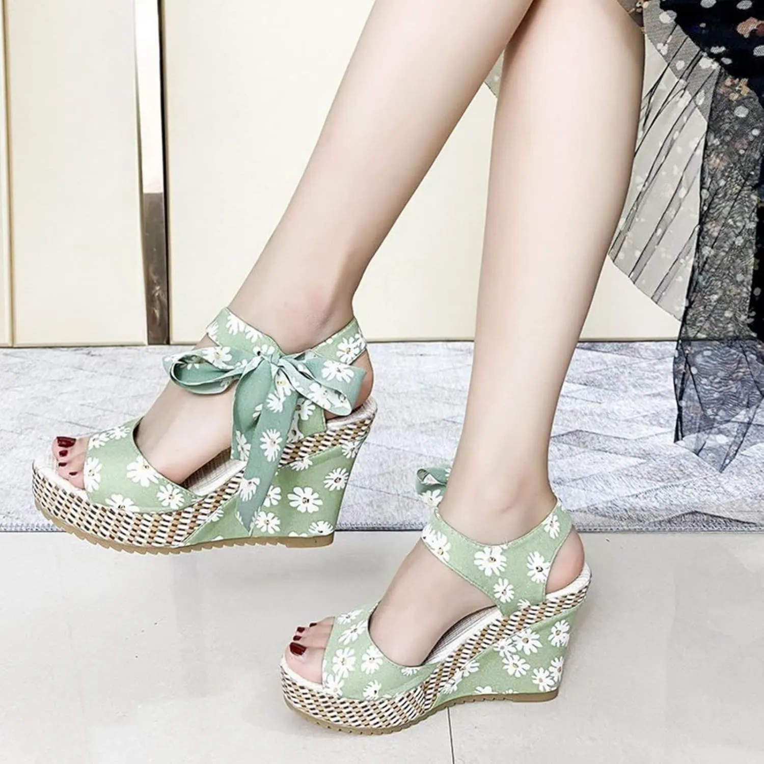 Womens Platform Espadrille Wedges Open Toe High Heel Floral Printed Slingback with Ankle Strap Bowknot Sandals Bow Dress Shoes Tie Lace Up Summer Sandal Wedding Dressy Beach Going Out Trendy Sandal