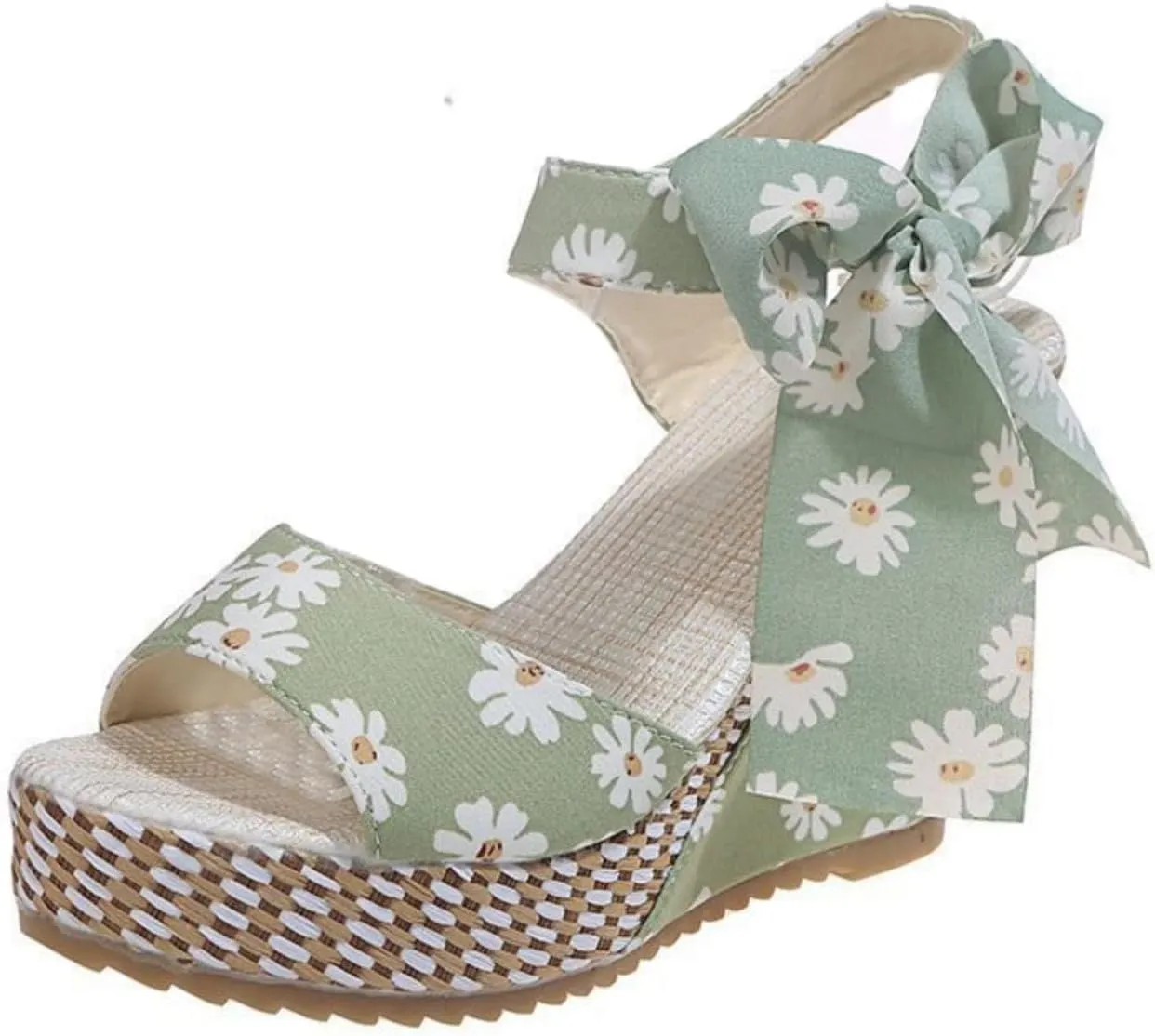 Womens Platform Espadrille Wedges Open Toe High Heel Floral Printed Slingback with Ankle Strap Bowknot Sandals Bow Dress Shoes Tie Lace Up Summer Sandal Wedding Dressy Beach Going Out Trendy Sandal