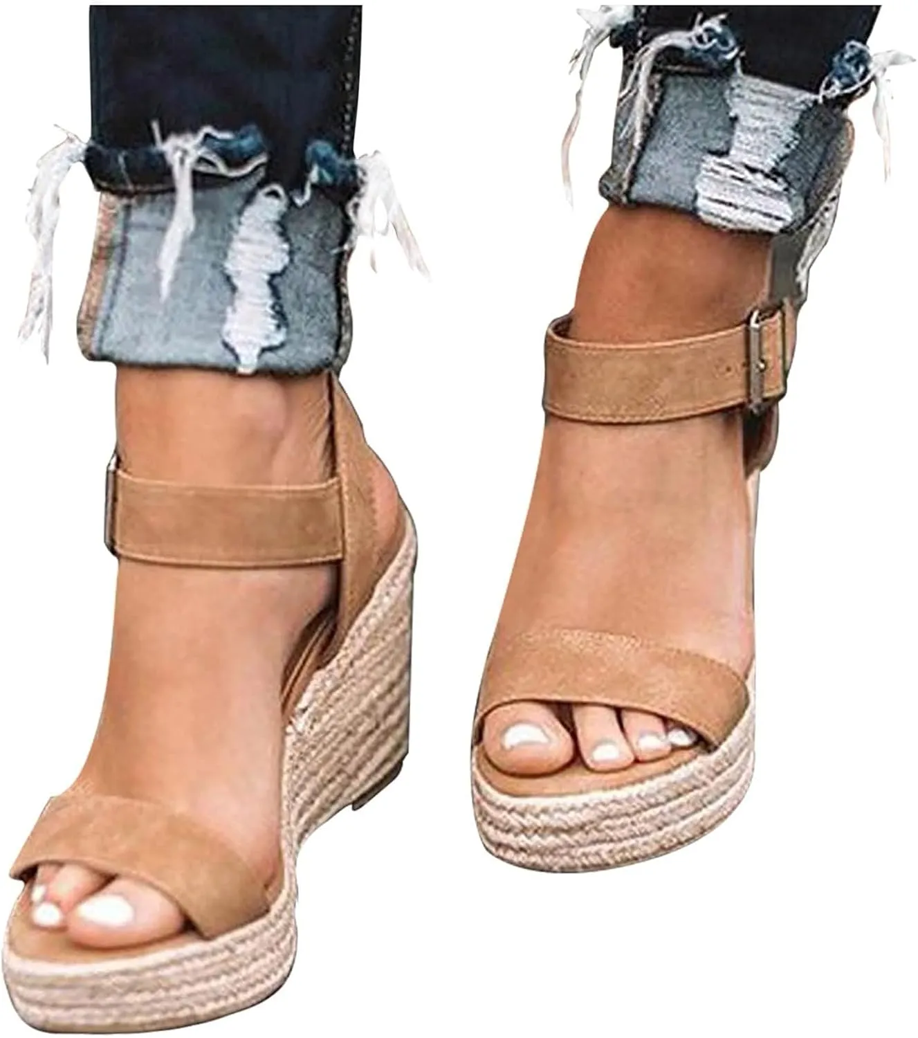 Women's Platform Sandals Wedge Ankle Strap Open Toe Single Bands Espadrille Jute Flat with Buckle Heels High Heeled Dress Girls Little Big Kid Summer Casual Fashion Cross Black Wedges Shoes