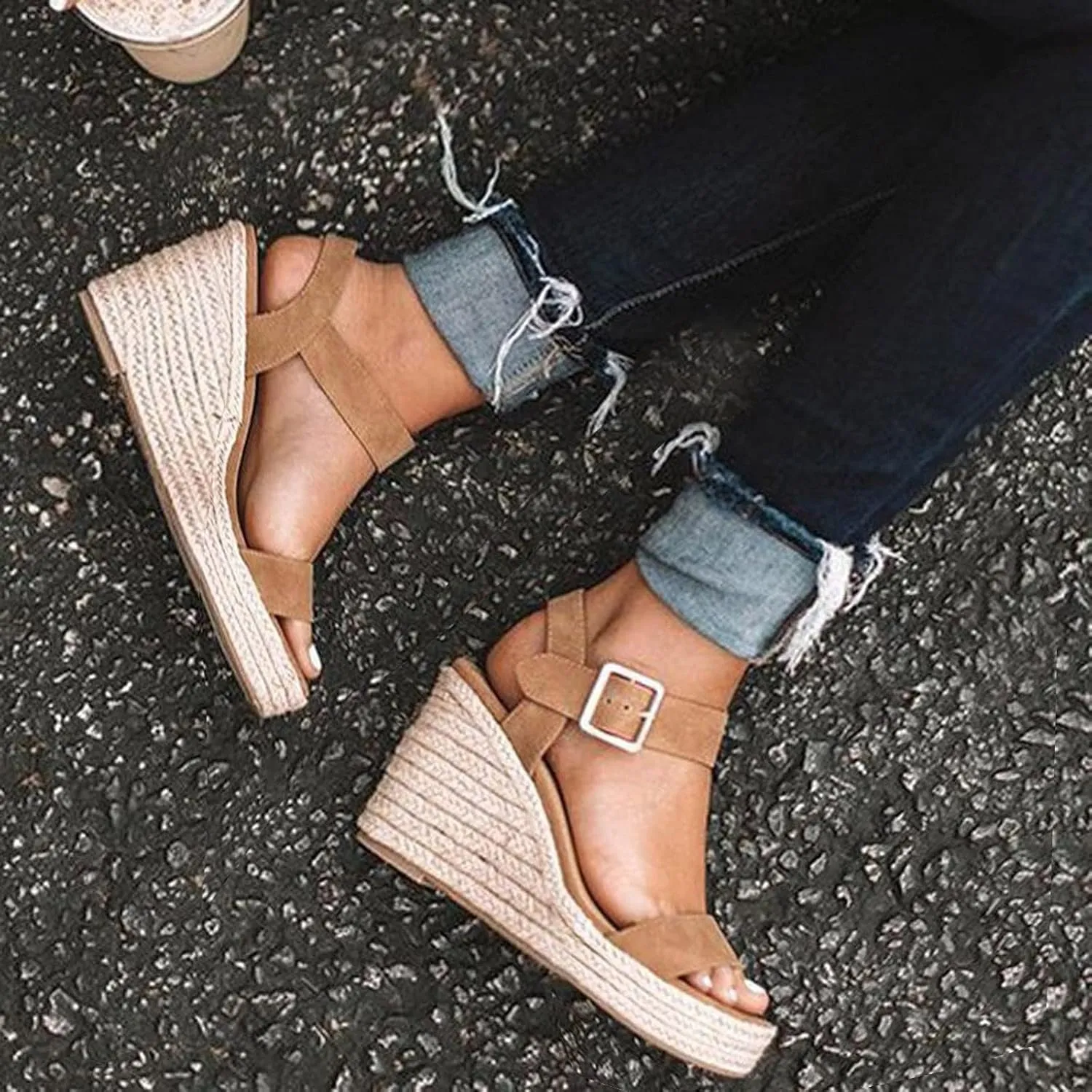Women's Platform Sandals Wedge Ankle Strap Open Toe Single Bands Espadrille Jute Flat with Buckle Heels High Heeled Dress Girls Little Big Kid Summer Casual Fashion Cross Black Wedges Shoes