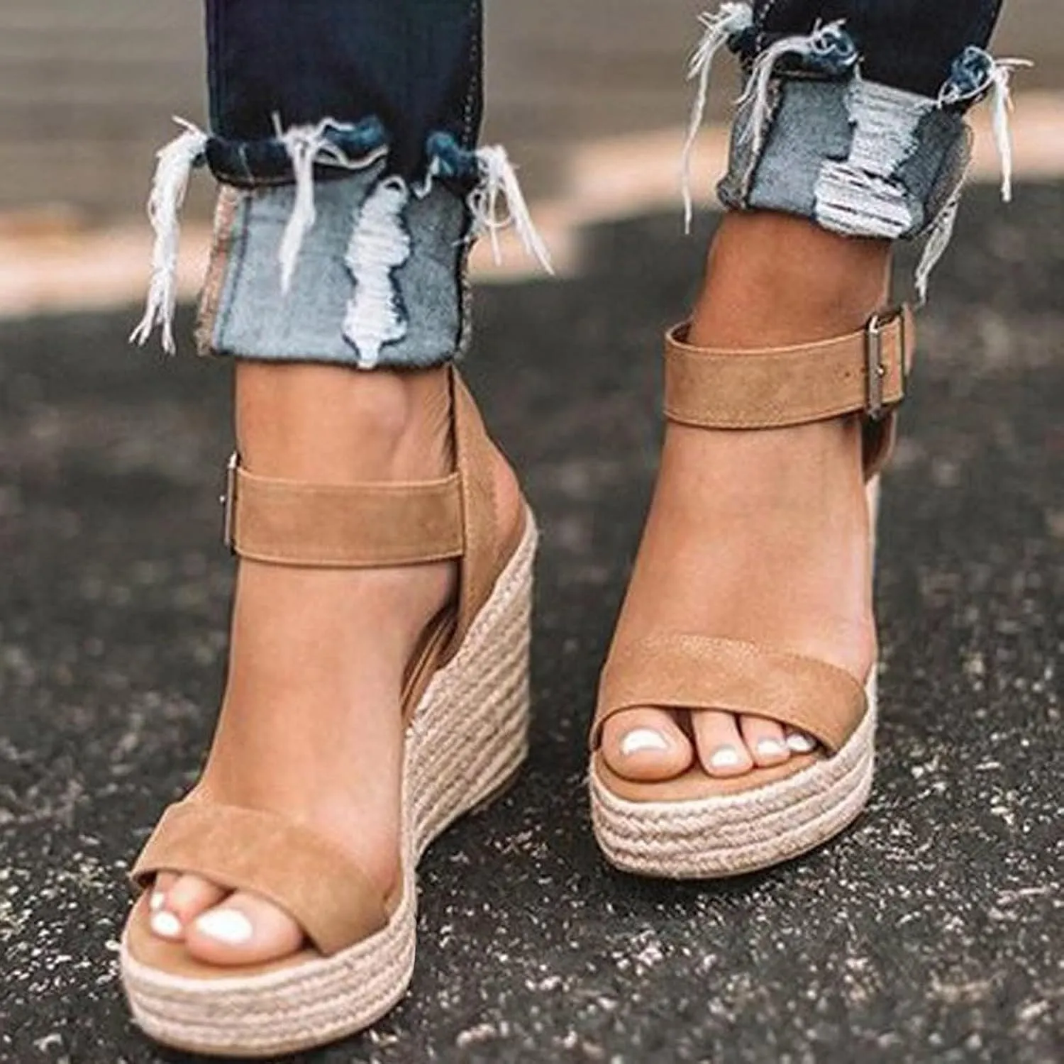 Women's Platform Sandals Wedge Ankle Strap Open Toe Single Bands Espadrille Jute Flat with Buckle Heels High Heeled Dress Girls Little Big Kid Summer Casual Fashion Cross Black Wedges Shoes