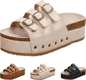 Women's Platform Sandals,Double Buckle Adjustable Open Toe Sandals Cork Footbed Heeled Slides Comfort Suede Clogs Summer Flatform Slippers ﻿