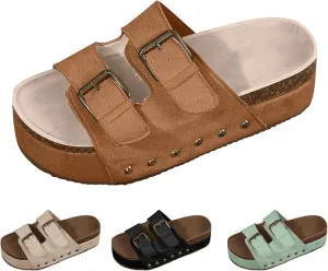 Women's Platform Sandals,Double Buckle Adjustable Open Toe Sandals Cork Footbed Heeled Slides Comfort Suede Clogs Summer Flatform Slippers ﻿