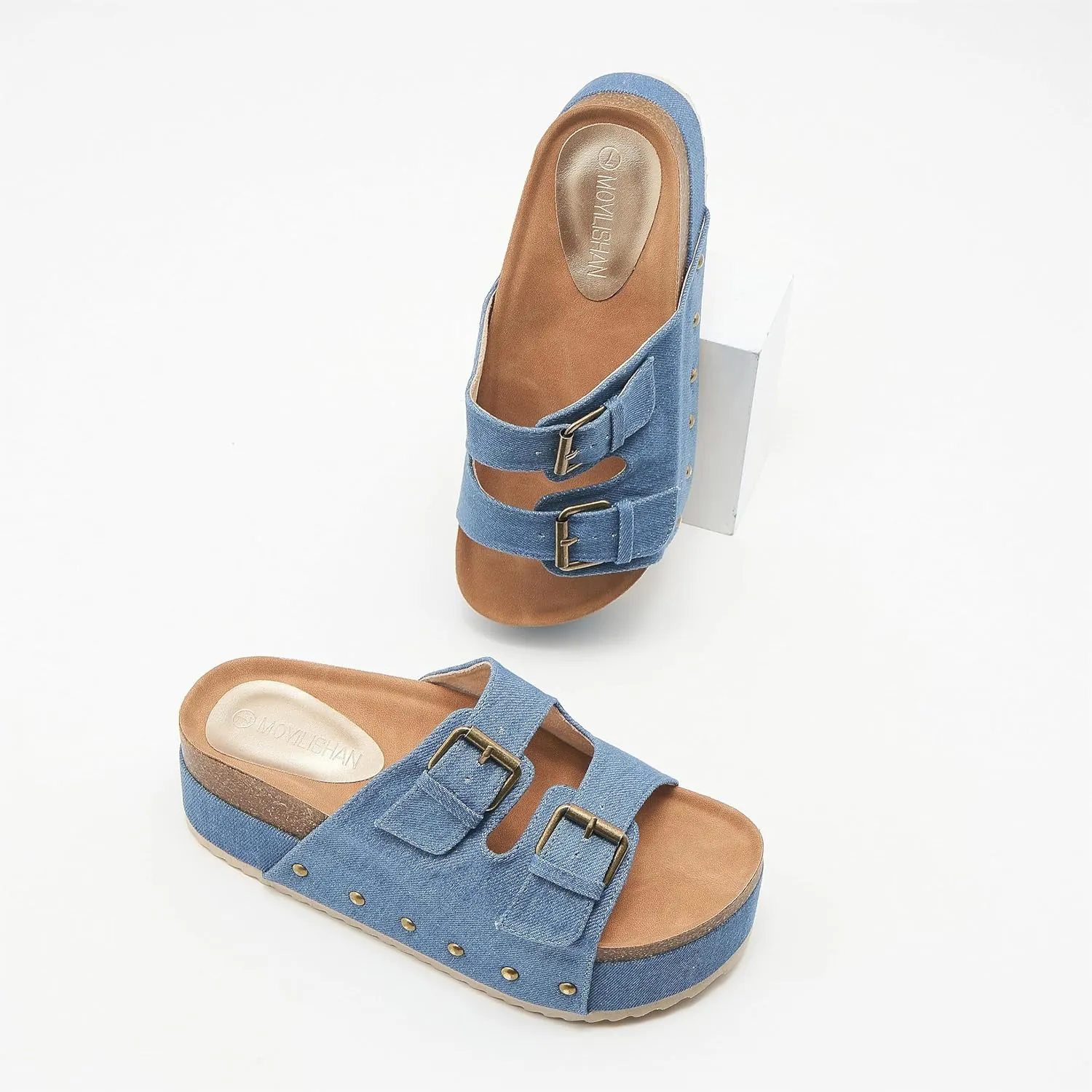 Women's Platform Slide Sandals Comfortable Cork Footbed Studded Clogs Adjustable Buckle Straps Open Toe Flatform Sandal Summer Slipper