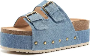 Women's Platform Slide Sandals Comfortable Cork Footbed Studded Clogs Adjustable Buckle Straps Open Toe Flatform Sandal Summer Slipper