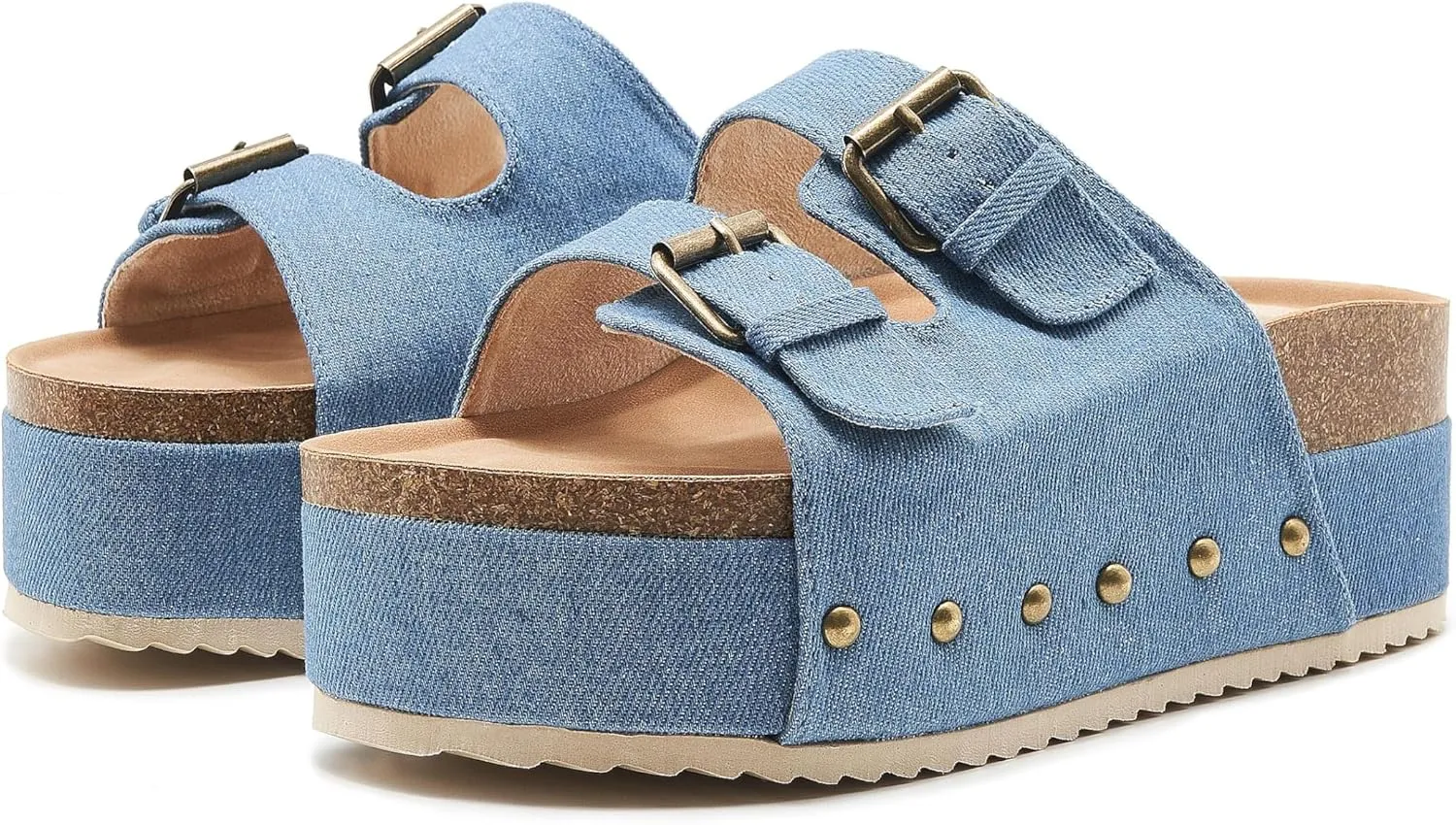 Women's Platform Slide Sandals Comfortable Cork Footbed Studded Clogs Adjustable Buckle Straps Open Toe Flatform Sandal Summer Slipper