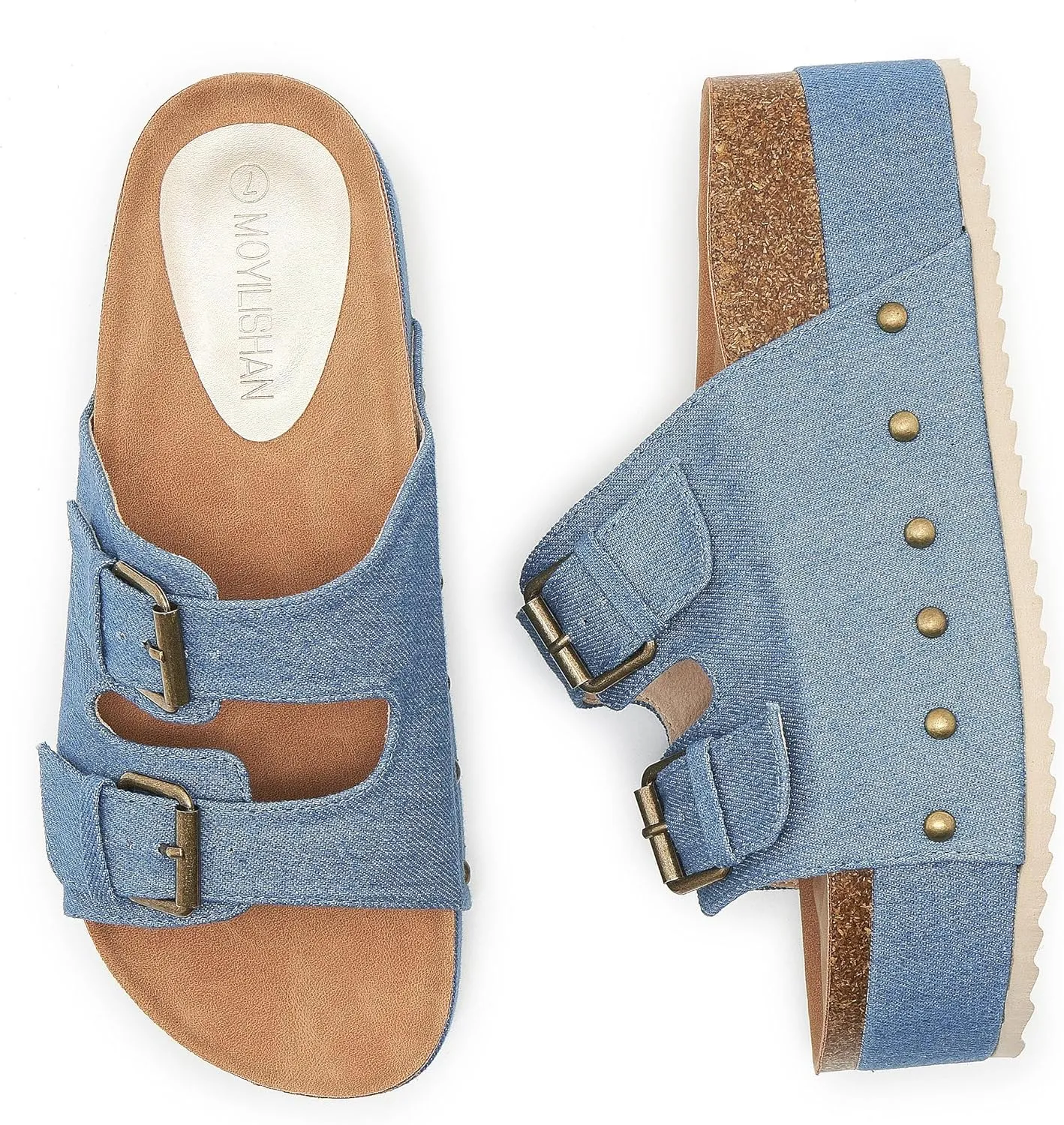 Women's Platform Slide Sandals Comfortable Cork Footbed Studded Clogs Adjustable Buckle Straps Open Toe Flatform Sandal Summer Slipper